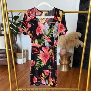 Ginger G Black Dress with Red & Yellow Leaf Print